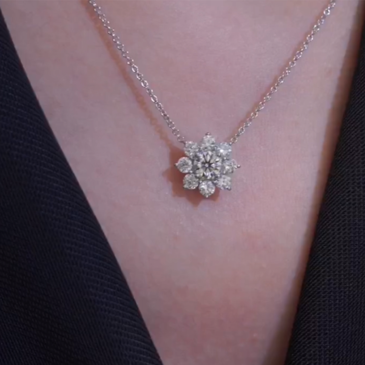 Round Diamond Sunflower Pendant Necklace and Earrings in 18k White Gold Necklace