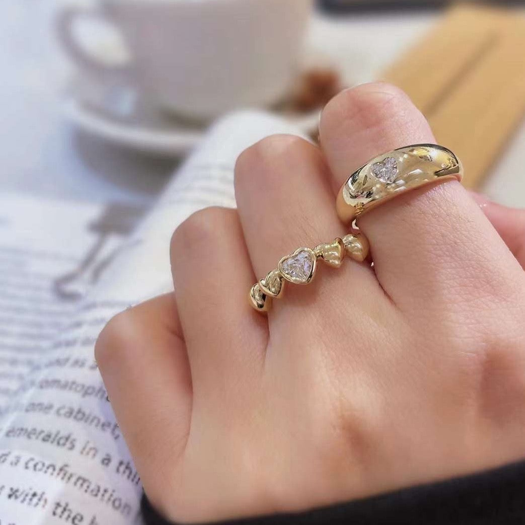 Heart Shaped Diamond Solid Gold Beaded Ring| Gold Diamond Ring